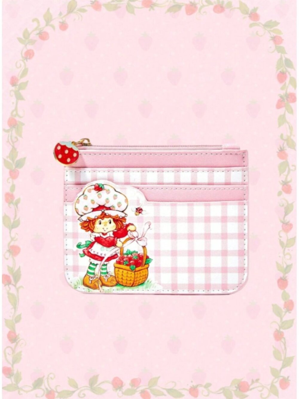Strawberry Shortcake Card Holder Wallet Cute Pink Gingham Coin Purse with Zipper